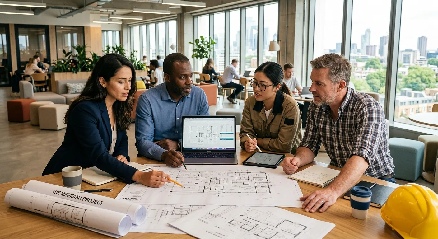 A diverse group of skilled contractors and business managers collaborating in a modern, sunlit co-wo... A diverse group of skilled contractors and business managers collaborating in a modern, sunlit co-working space, looking at architectural plans and a laptop. Professional, dynamic, and focused mood.