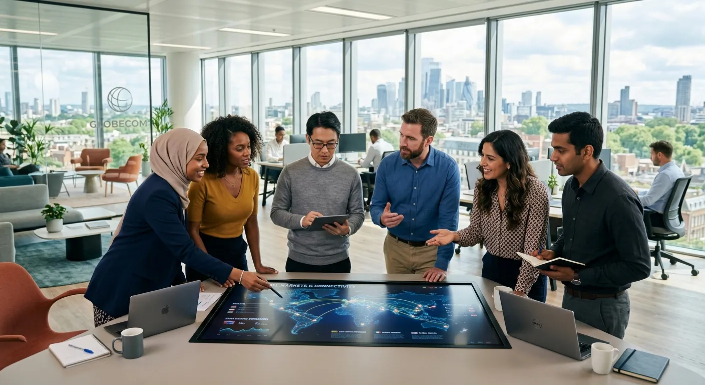 A diverse group of professional workers from different ethnic backgrounds collaborating in a modern, sunlit global office, looking at a world map on a digital screen. Professional, aspirational, and connected mood.
