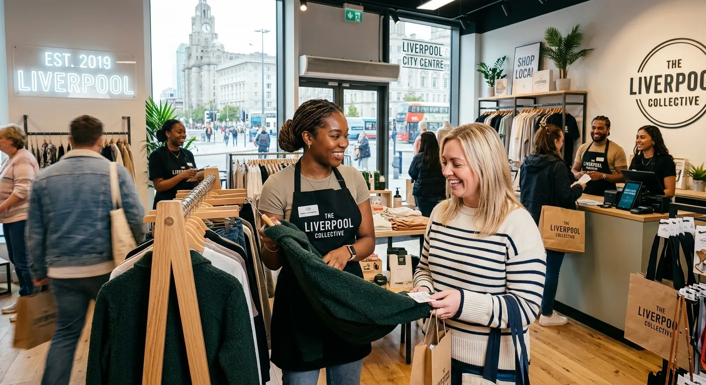 A professional, confident Sales Assistant in a modern retail environment in Liverpool city centre, assisting a customer. The style is bright, energetic, and welcoming, showing a diverse team in action.