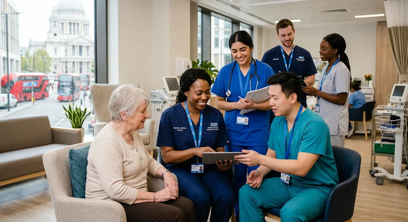 A professional, high-resolution photo of a diverse team of nurses and caregivers in a modern London... A professional, high-resolution photo of a diverse team of nurses and caregivers in a modern London healthcare setting, such as a private clinic or a home care visit. The mood is compassionate, competent, and trustworthy. Focus on a candid moment of care and teamwork.