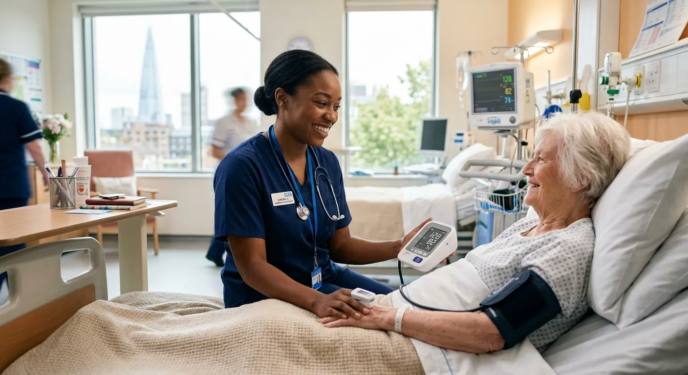 A professional, compassionate Nursing Assistant in a bright London healthcare setting, smiling while checking a patient's vitals. The mood is warm, competent, and trustworthy.