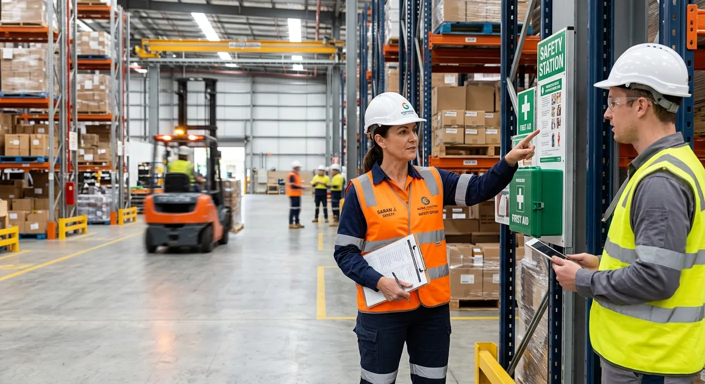 A professional, confident safety officer in a high-visibility vest, conducting a site inspection in... A professional, confident safety officer in a high-visibility vest, conducting a site inspection in a modern warehouse or construction environment. The officer is pointing out a safety feature to a colleague. Style: Professional, realistic, high-resolution. Mood: Authoritative, proactive, and safety-conscious.