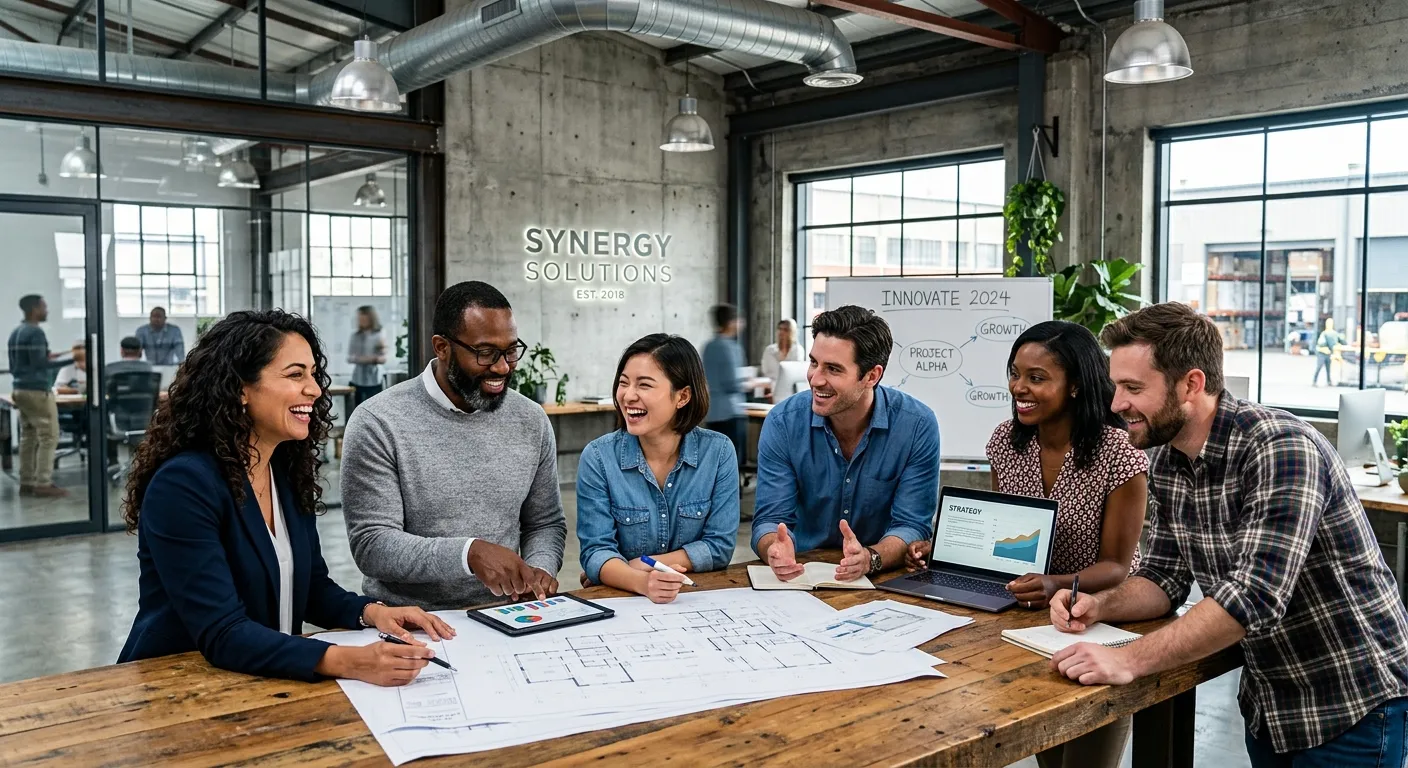A diverse group of professional agency workers in a modern office and industrial setting, smiling and collaborating. Style: Professional, aspirational, high-contrast. Mood: Energetic, reliable, and forward-thinking.