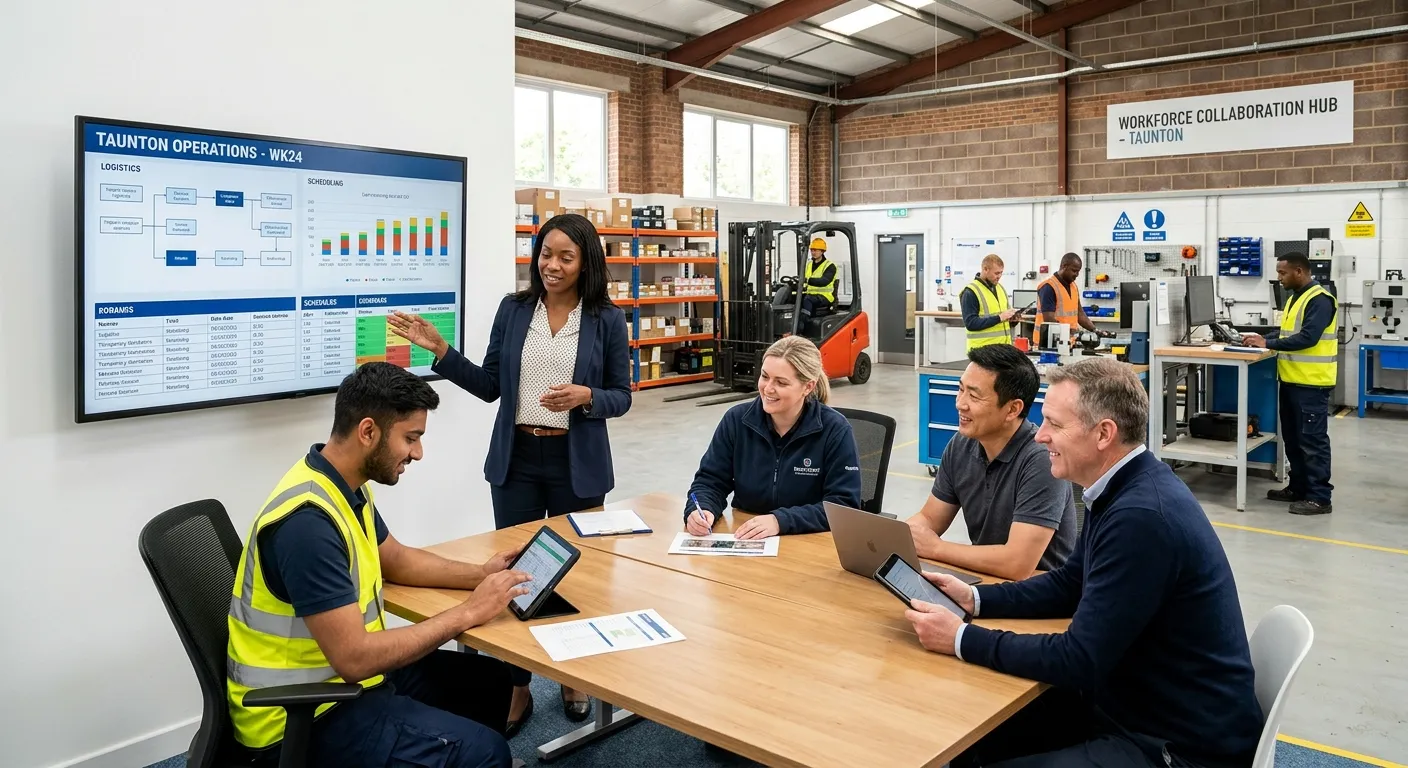 A modern, professional office and light industrial hybrid workspace in Taunton. A diverse group of temporary workers and managers are collaborating in a bright, high-tech environment. Style: professional stock photo, bright and optimistic, showing teamwork and efficiency. Mood: productive, reliable, and dynamic.