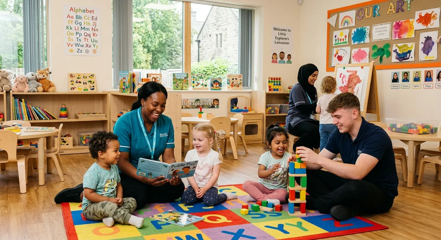 A cheerful, diverse group of nursery nurses and practitioners engaging with toddlers in a bright, modern Lancaster nursery setting, with natural light, educational toys, and children's artwork visible on the walls.