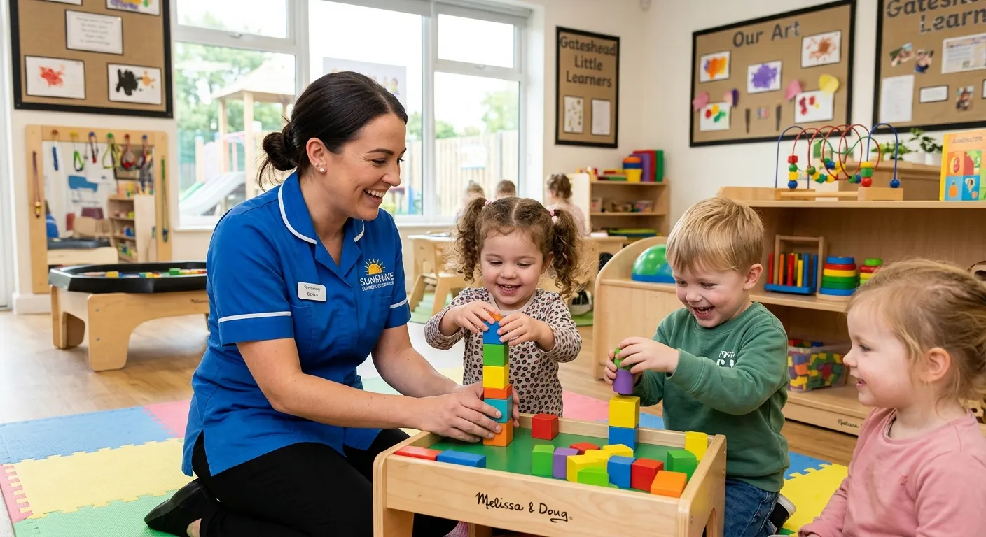 A professional, warm, and engaging photo of a Nursery Nurse interacting happily with young children... A professional, warm, and engaging photo of a Nursery Nurse interacting happily with young children in a bright, modern nursery setting in Gateshead. The nurse is smiling, and the children are engaged in a play activity. Style: Authentic, professional, and inviting. Mood: Caring, professional, and trustworthy.