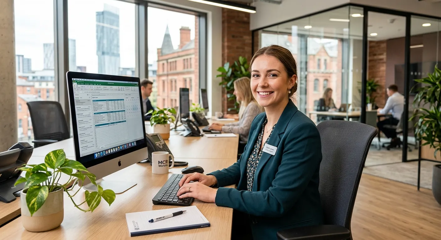 A professional, friendly-looking Admin Assistant in a modern Manchester office setting, working on a computer and smiling. The style is bright, welcoming, and professional, conveying efficiency and a positive work environment.