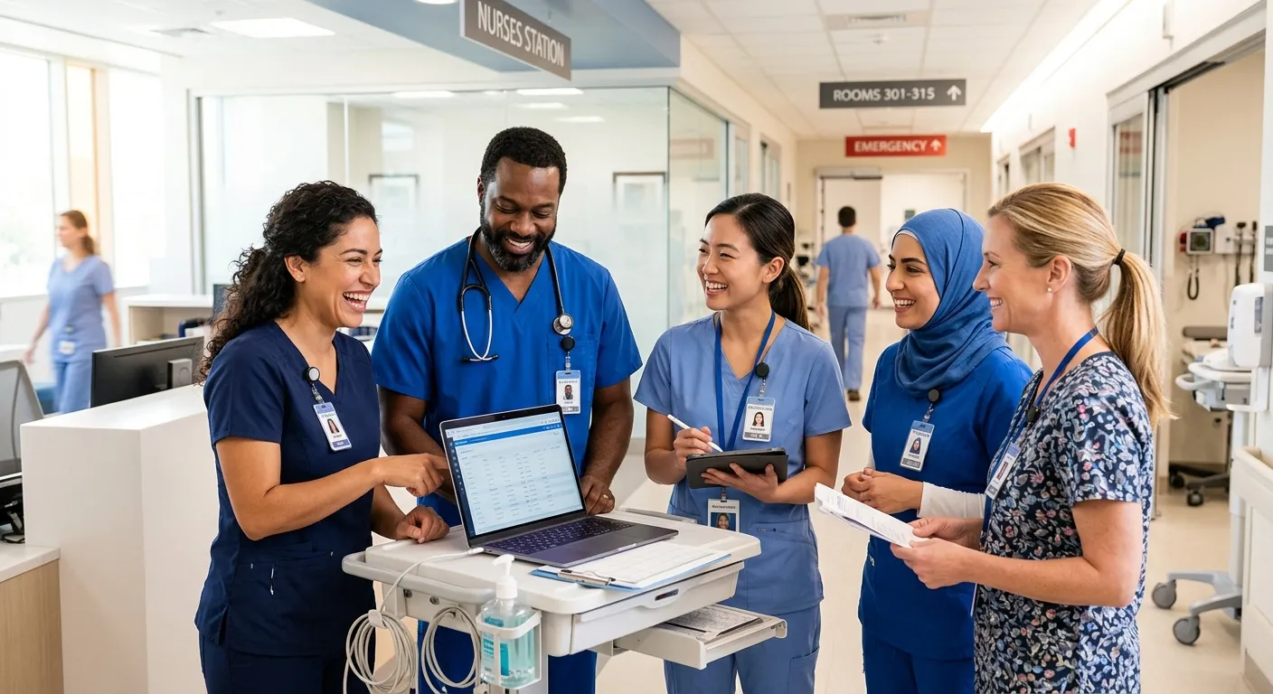 A diverse group of professional, confident-looking nurses in modern hospital scrubs, smiling and collaborating in a bright, clean clinical environment. Style: Professional healthcare photography, high contrast, warm tones.