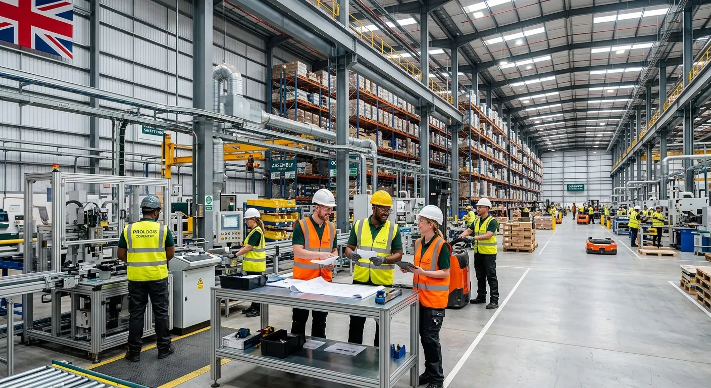 A dynamic, professional photo of a modern industrial warehouse or manufacturing facility in Coventry... A dynamic, professional photo of a modern industrial warehouse or manufacturing facility in Coventry, with workers in high-visibility vests collaborating. The style should be sharp, bright, and convey efficiency and scale.