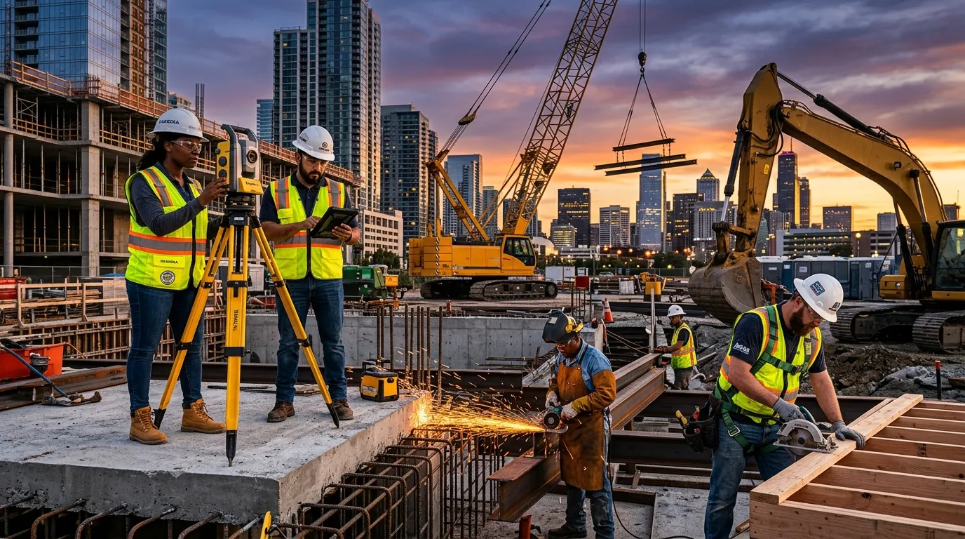 A dynamic, high-contrast hero image of a diverse construction crew on a modern urban site at sunset. Workers are engaged in skilled tasks like operating machinery, surveying, and carpentry. The mood is professional, productive, and forward-looking, with a focus on teamwork and safety gear.