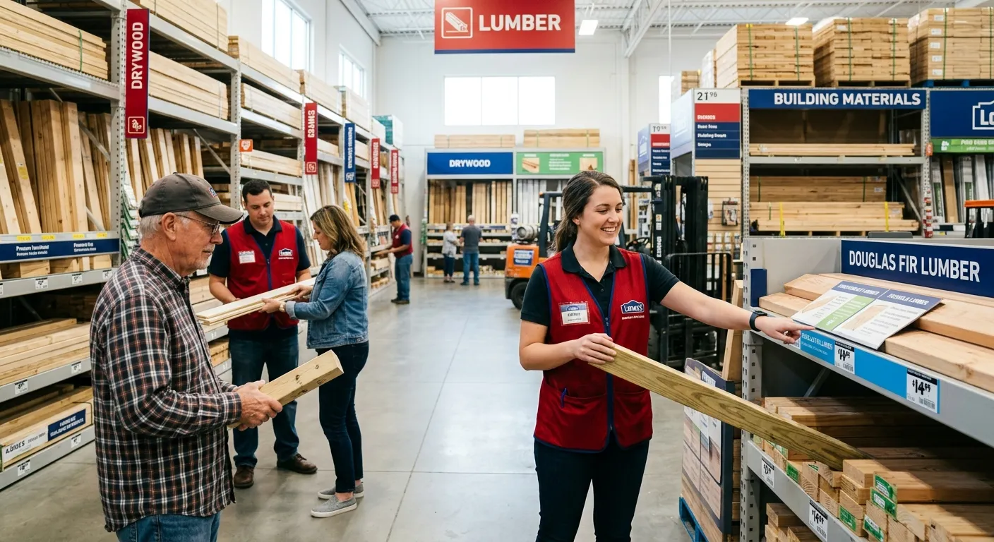 Professional, well-lit interior of a Lowe's Home Improvement store, focusing on employees in red vests assisting customers in the lumber or garden section. Style: Corporate, realistic, inviting. Mood: Professional and welcoming.
