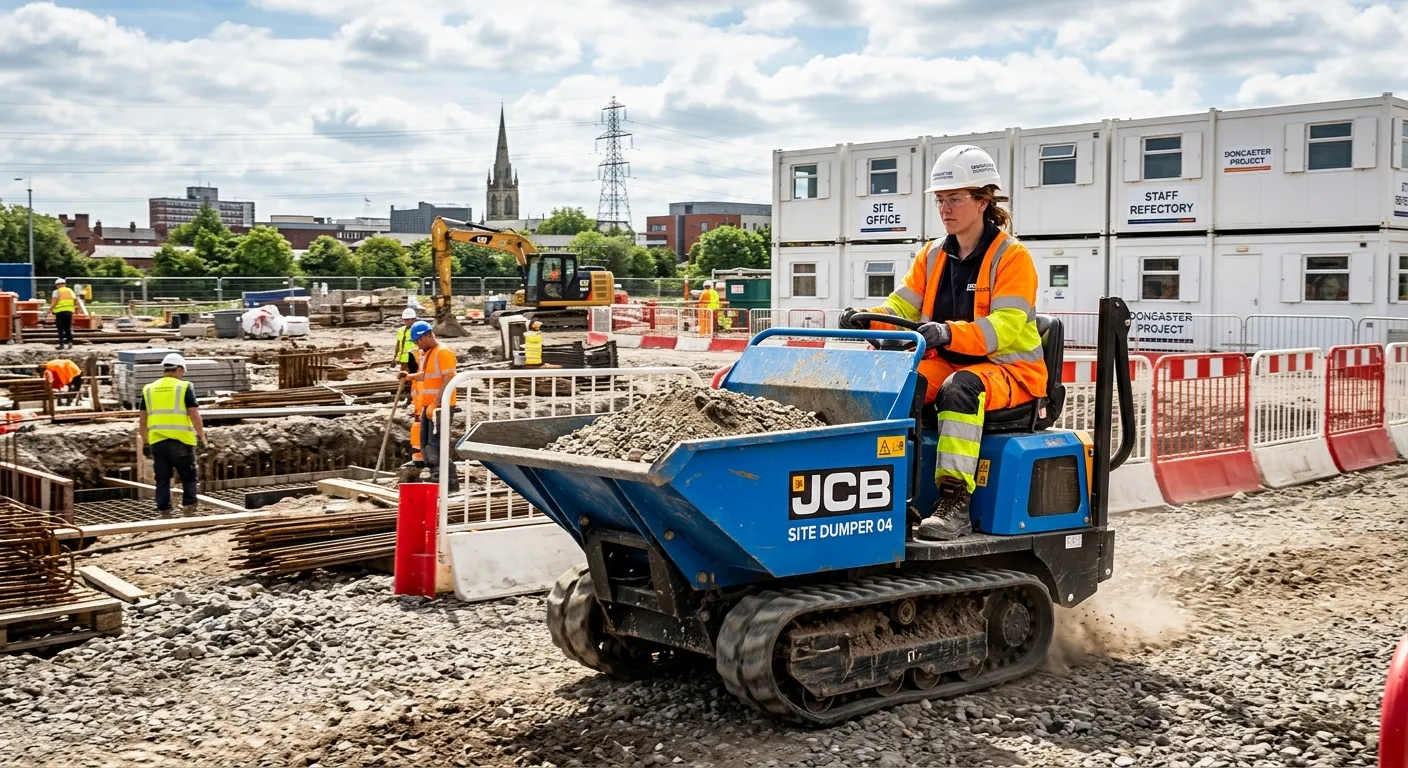 A professional, high-energy photo of a groundworker in high-visibility PPE operating a small dumper truck on a well-organised construction site in Doncaster, with other workers and site cabins in the background, conveying a sense of skilled, active work.