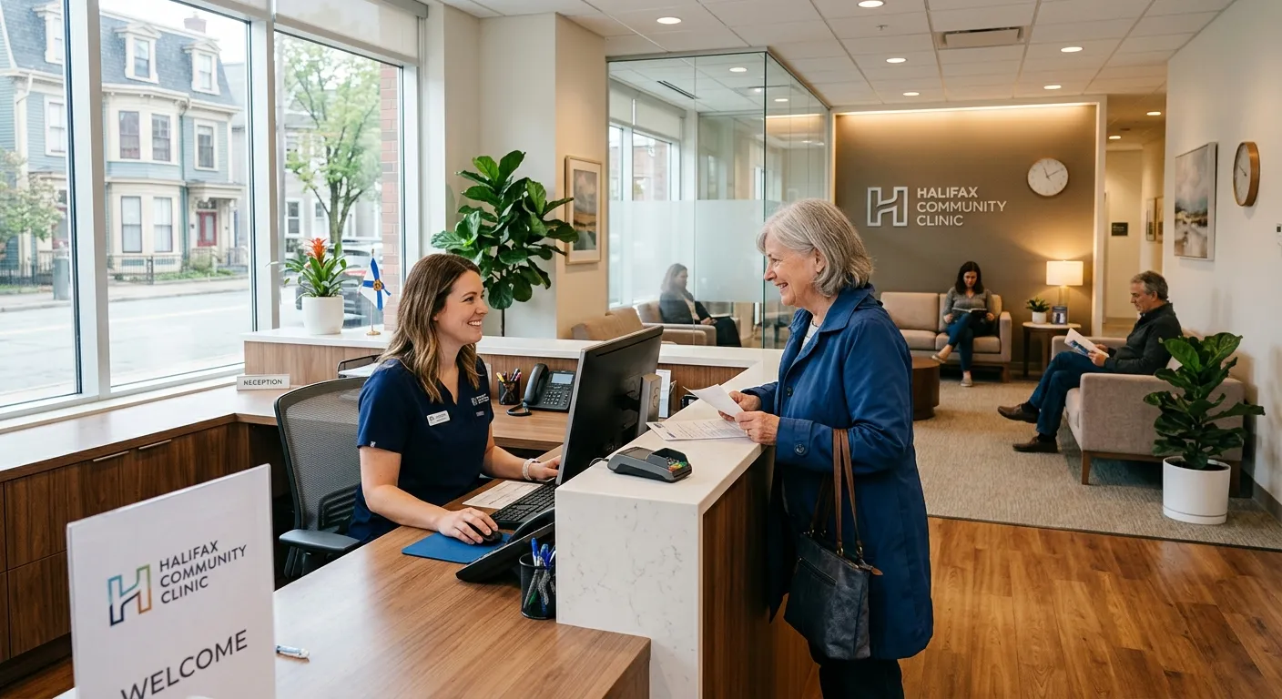 A professional, welcoming photo of a modern medical reception area in a Halifax clinic, with a frien... A professional, welcoming photo of a modern medical reception area in a Halifax clinic, with a friendly receptionist assisting a patient at the desk. Warm, clean, and professional lighting.