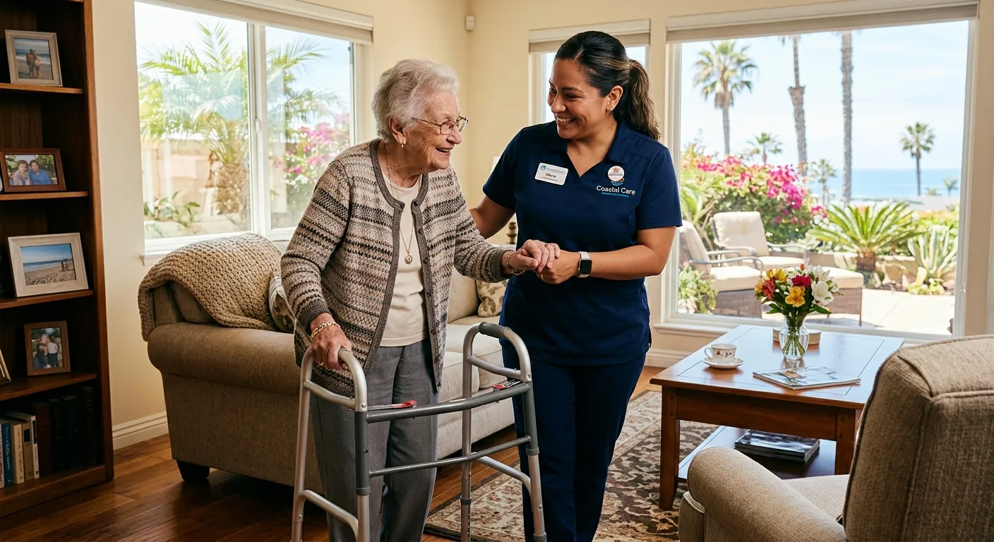 A professional, warm image of a compassionate caregiver assisting an elderly client in a sunlit San Diego living room, showcasing trust and professional care. Style: Bright, inviting, high-contrast.