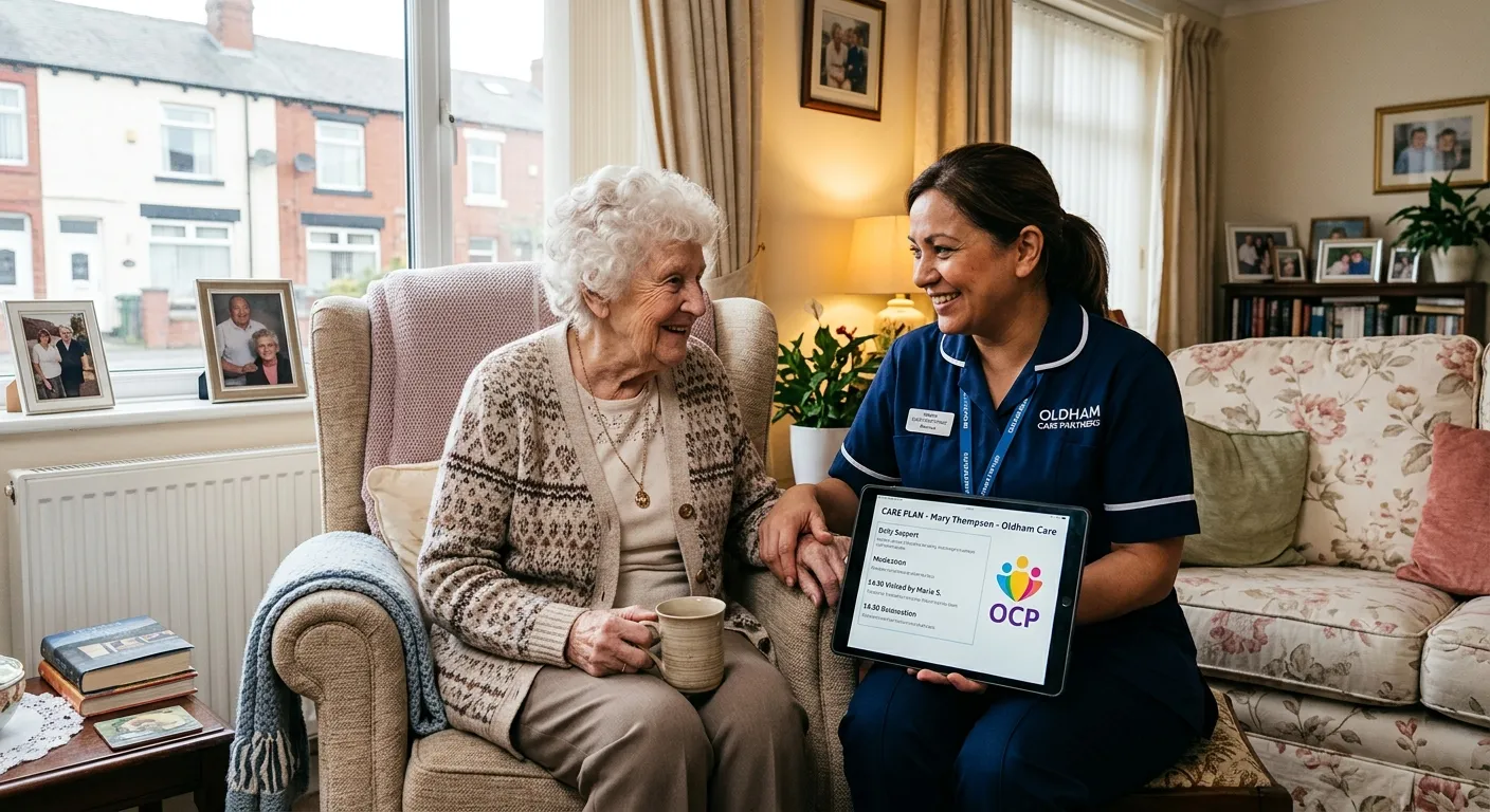 A compassionate Domiciliary Care Worker assisting an elderly client in a well-lit, comfortable home... A compassionate Domiciliary Care Worker assisting an elderly client in a well-lit, comfortable home setting in Oldham. They are smiling, with a care plan visible on a tablet. Professional, warm, and trustworthy mood.