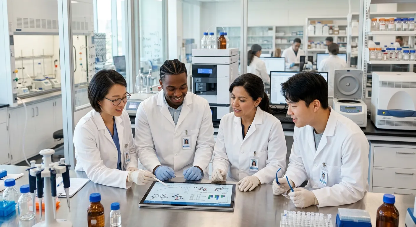 A modern, professional photo of a diverse team of pharmaceutical scientists and lab technicians in a clean, bright laboratory setting, collaboratively reviewing data on a tablet. Style: High-resolution, bright, and aspirational.