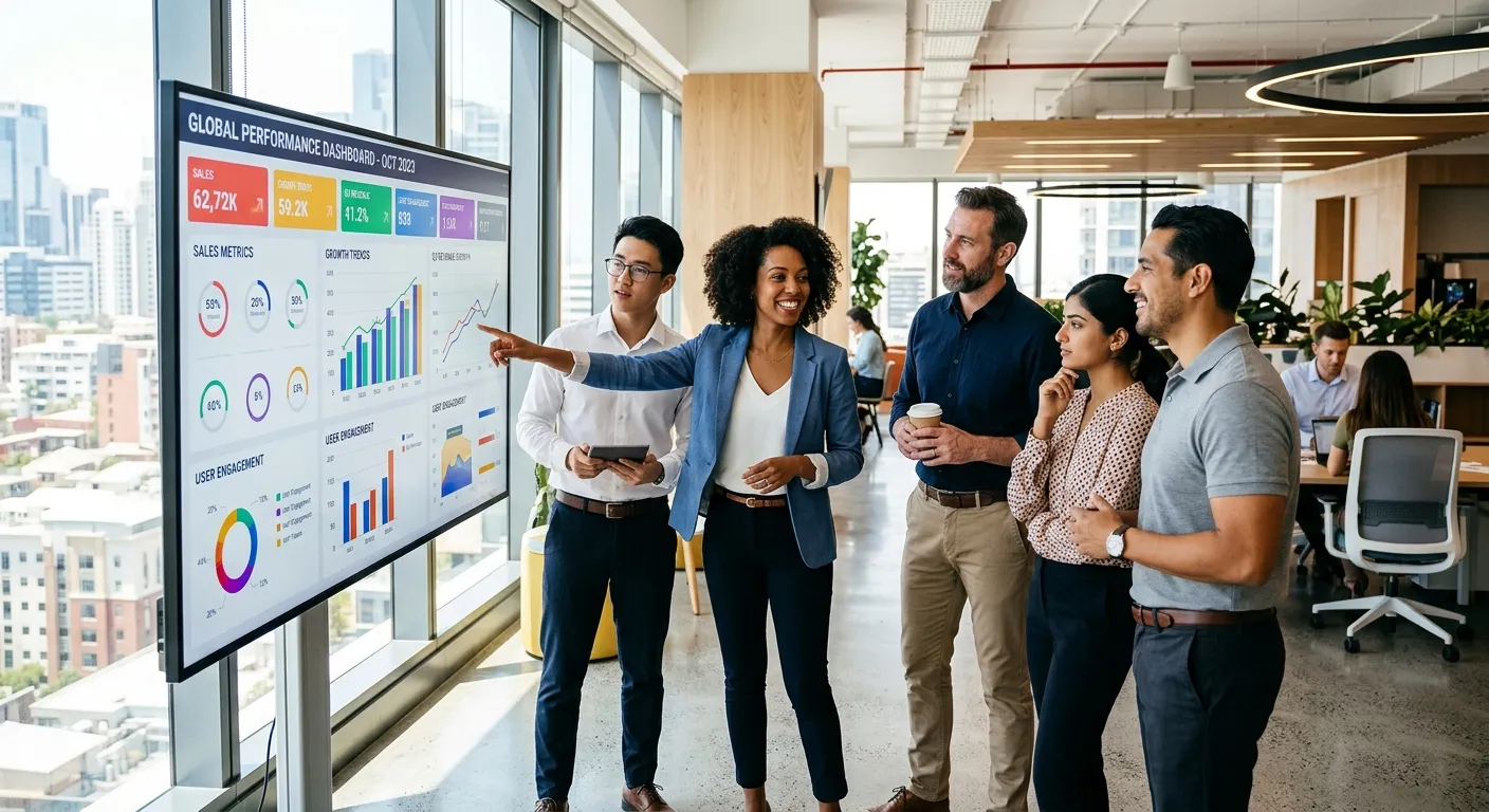 A diverse group of modern professionals collaborating in a bright, sunlit office, looking at a data dashboard on a large screen. Style is corporate, optimistic, and forward-thinking, with high contrast and sharp focus.