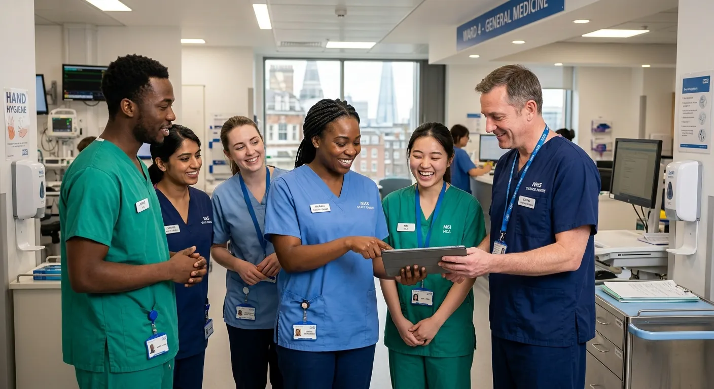 A professional, high-resolution image of a diverse team of nurses and healthcare assistants in a modern London hospital setting, smiling and collaborating. Style: Authentic, well-lit, professional healthcare environment. Mood: Trustworthy, competent, and compassionate.