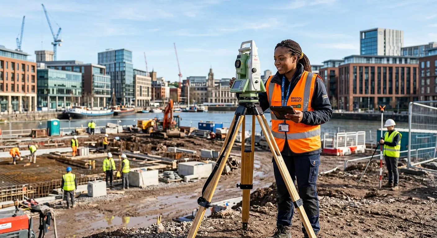 A professional, confident surveyor in a high-visibility vest, using a total station or GPS equipment on a construction site in Bristol, with modern buildings in the background. Bright, clear, and aspirational mood.