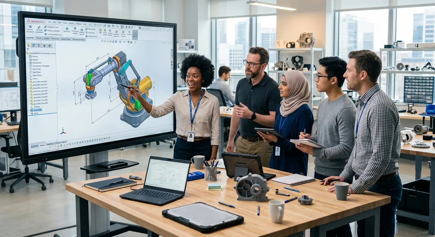 A diverse group of professional mechanical engineers collaborating in a modern, high-tech engineering lab or design studio. They are gathered around a 3D CAD model on a large screen, discussing plans. Style: Professional, bright, aspirational. Mood: Collaborative, innovative, and forward-thinking.