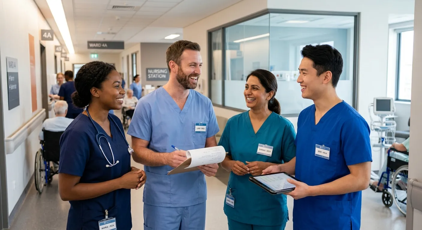 A diverse, professional team of Healthcare Assistants (HCAs) in a modern hospital corridor, smiling and collaborating. Warm, trustworthy, and professional mood. Sharp focus on friendly interaction.