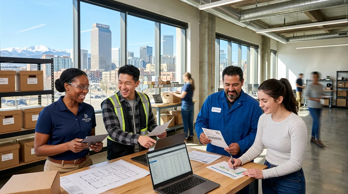 A dynamic, professional hero image showing a diverse group of temporary workers collaborating in a modern Denver office or warehouse setting, with the Denver skyline visible through a window. Style: Bright, optimistic, and energetic. Mood: Professional, efficient, and connected.