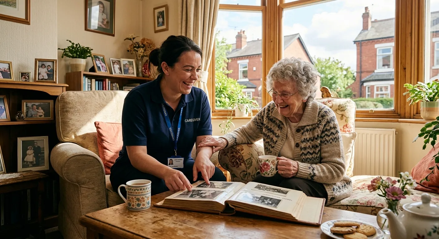 A Care Assistant smiling while sharing a cup of tea and looking at a photo album with an elderly client in a sunny living room in a Manchester home, showcasing companionship.