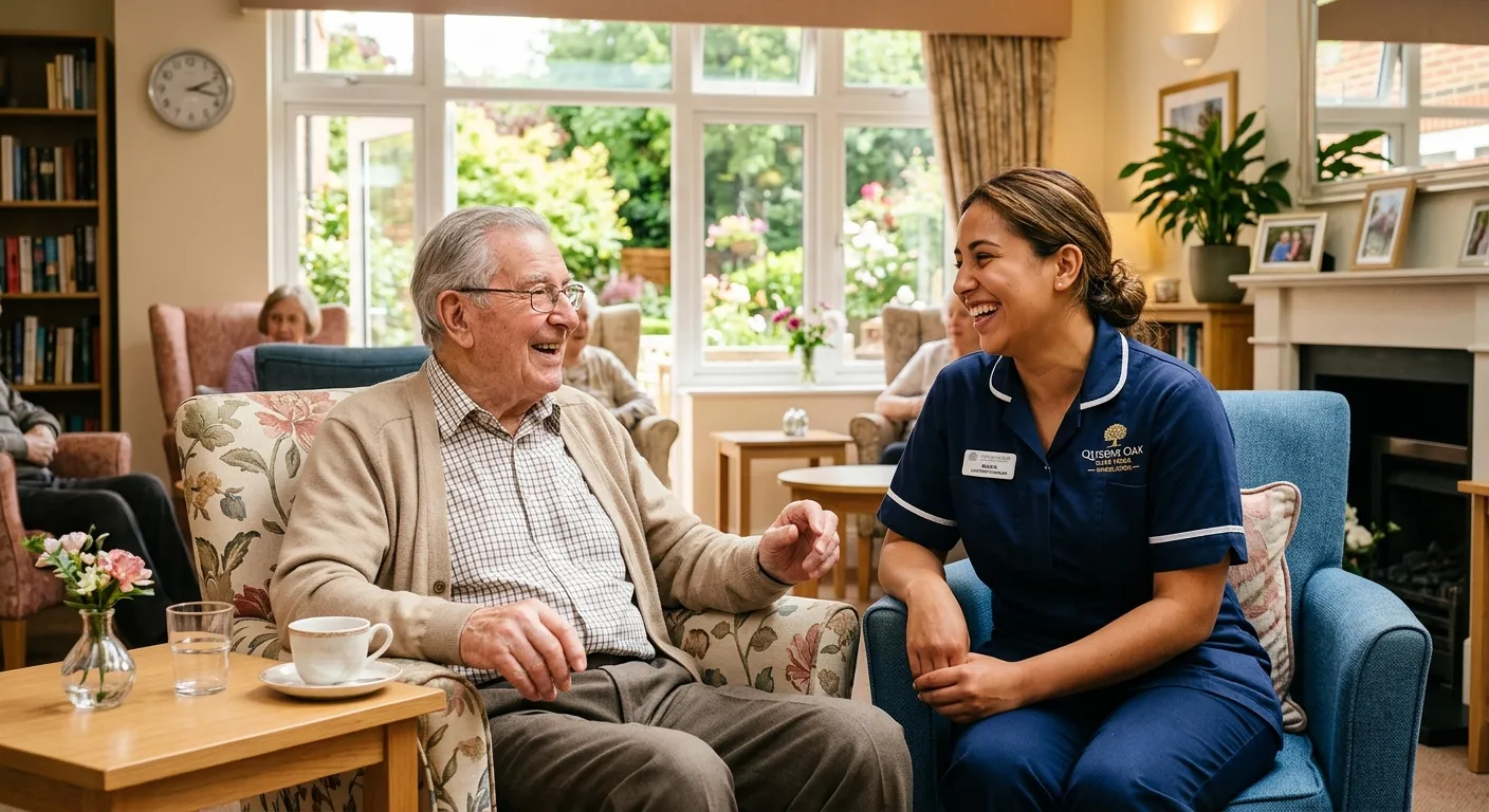 A candid, warm photo of a Support Worker smiling and chatting with an elderly resident in a sunny lounge of a Wimbledon care home, showing a genuine connection.