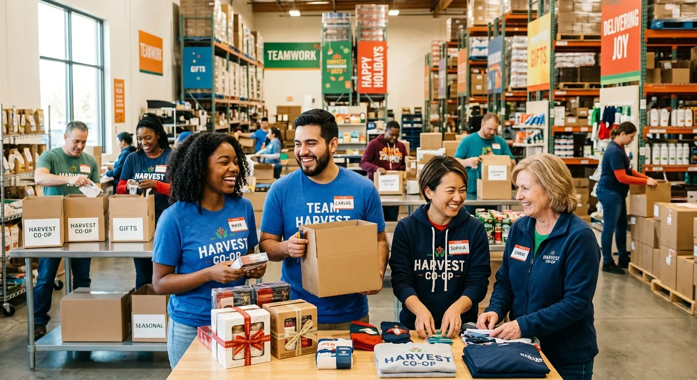 A diverse group of happy, professional seasonal workers in a bright warehouse or retail setting, smi... A diverse group of happy, professional seasonal workers in a bright warehouse or retail setting, smiling and collaborating. Modern, high-resolution, professional business photography style with a vibrant, energetic mood.