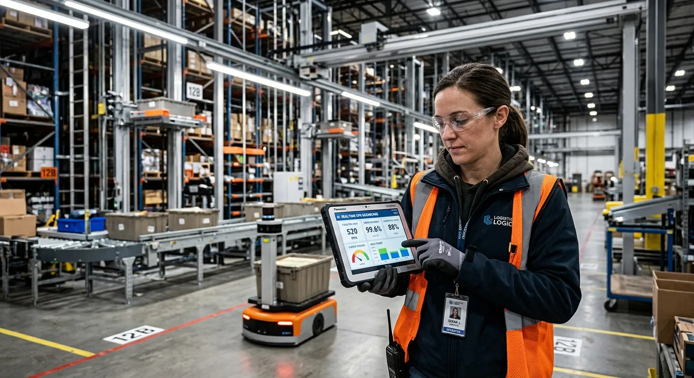 A warehouse operative using a tablet to view a dashboard showing real-time metrics like 'Picks per Hour' and 'Order Accuracy', with a modern automated warehouse in the background.