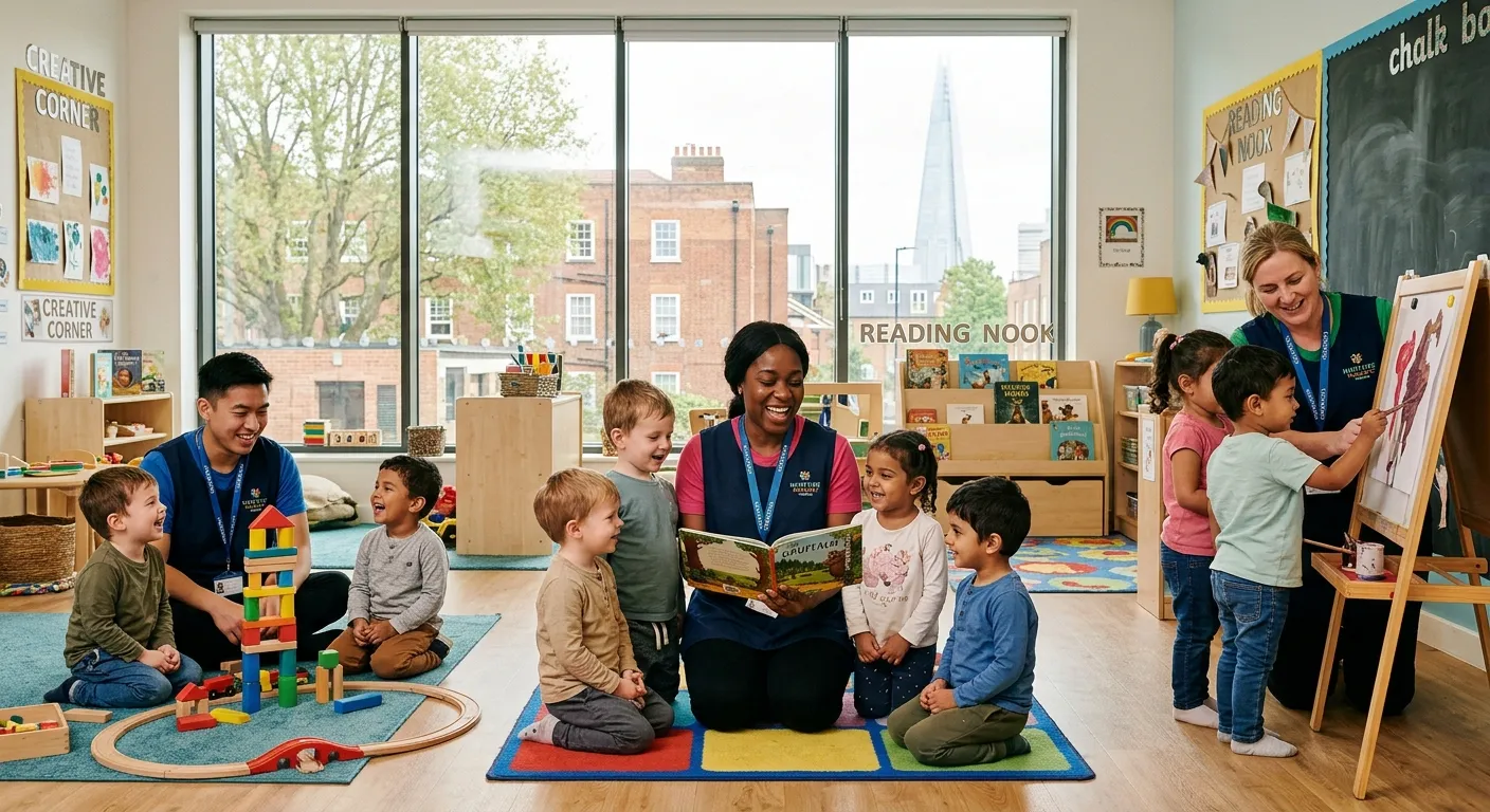 A diverse, professional group of early years educators and nursery nurses in a bright, modern London... A diverse, professional group of early years educators and nursery nurses in a bright, modern London nursery setting, engaging happily with young children. Style: Professional, warm, and aspirational. Mood: Trustworthy, nurturing, and competent.