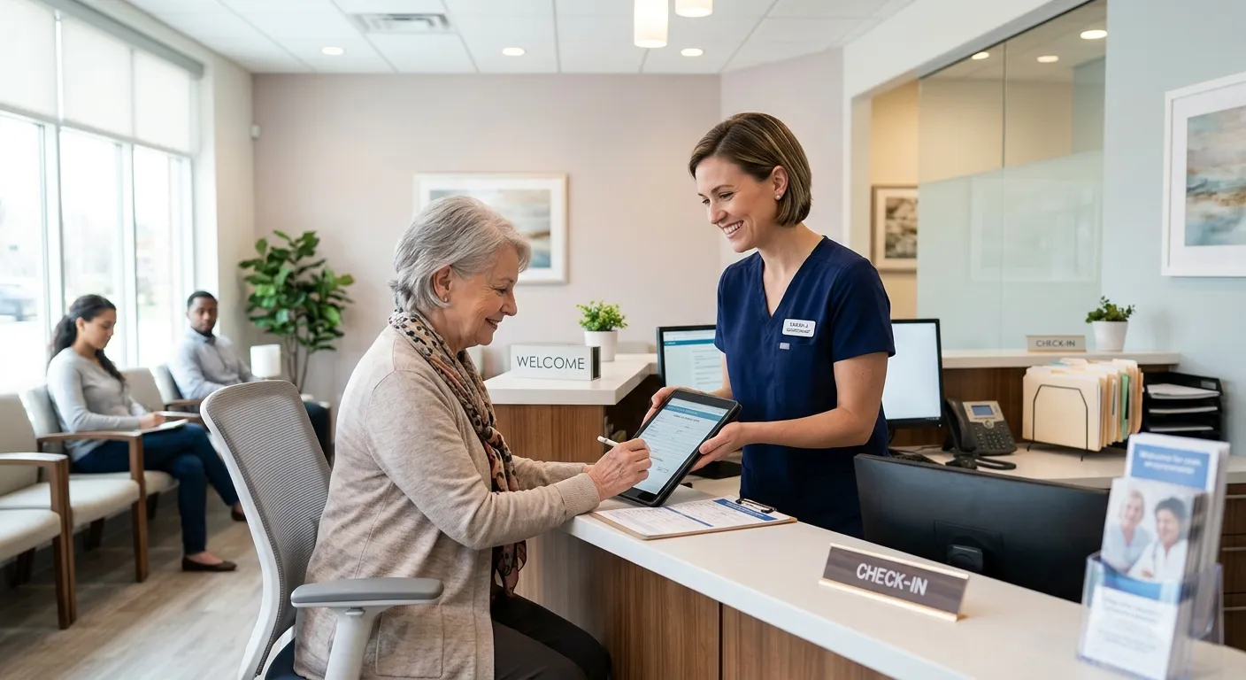 A modern, professional medical office reception area. A friendly, well-dressed Front Desk Medical Receptionist smiles while assisting a patient on a tablet. The setting is bright, clean, and efficient, conveying trust and organization. Style: Professional stock photography, mood: welcoming and competent.