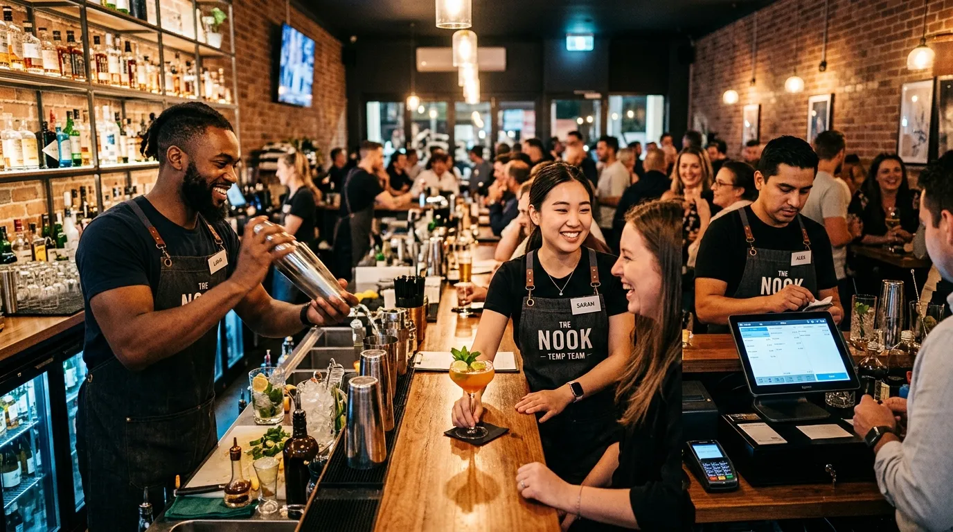 A dynamic, professional hero image showing a diverse team of friendly, efficient temporary bar staff... A dynamic, professional hero image showing a diverse team of friendly, efficient temporary bar staff in a modern, busy cocktail bar. One is mixing a drink, another is serving a customer with a smile, and a third is using a POS system. The mood is energetic, professional, and solution-oriented.