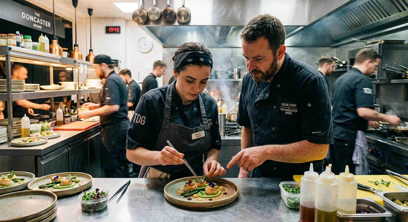 A dynamic, behind-the-scenes photo of a Commis Chef in action during a busy dinner service in a modern Doncaster restaurant kitchen. They are carefully plating a starter under the guidance of a Sous Chef, with other kitchen staff blurred in the background, conveying teamwork and focus.