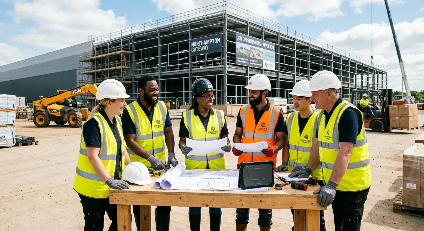 A diverse group of construction and warehouse labourers in high-visibility vests, smiling and collaborating on a site in Northampton, representing teamwork and immediate job opportunity. Professional, uplifting mood.