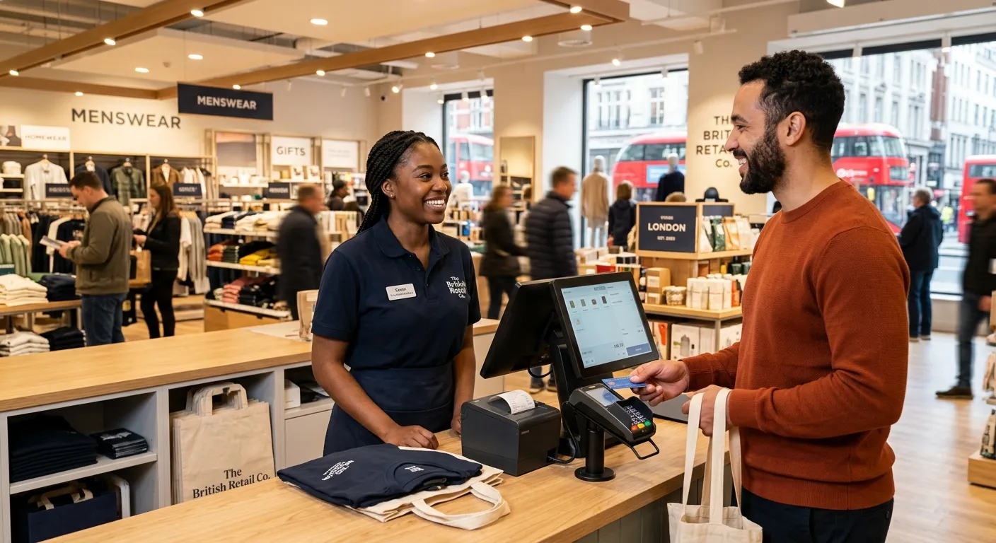 A professional, friendly cashier at a modern till point in a busy London retail store, smiling while assisting a customer. Style: bright, clean, and professional, conveying efficiency and good service.