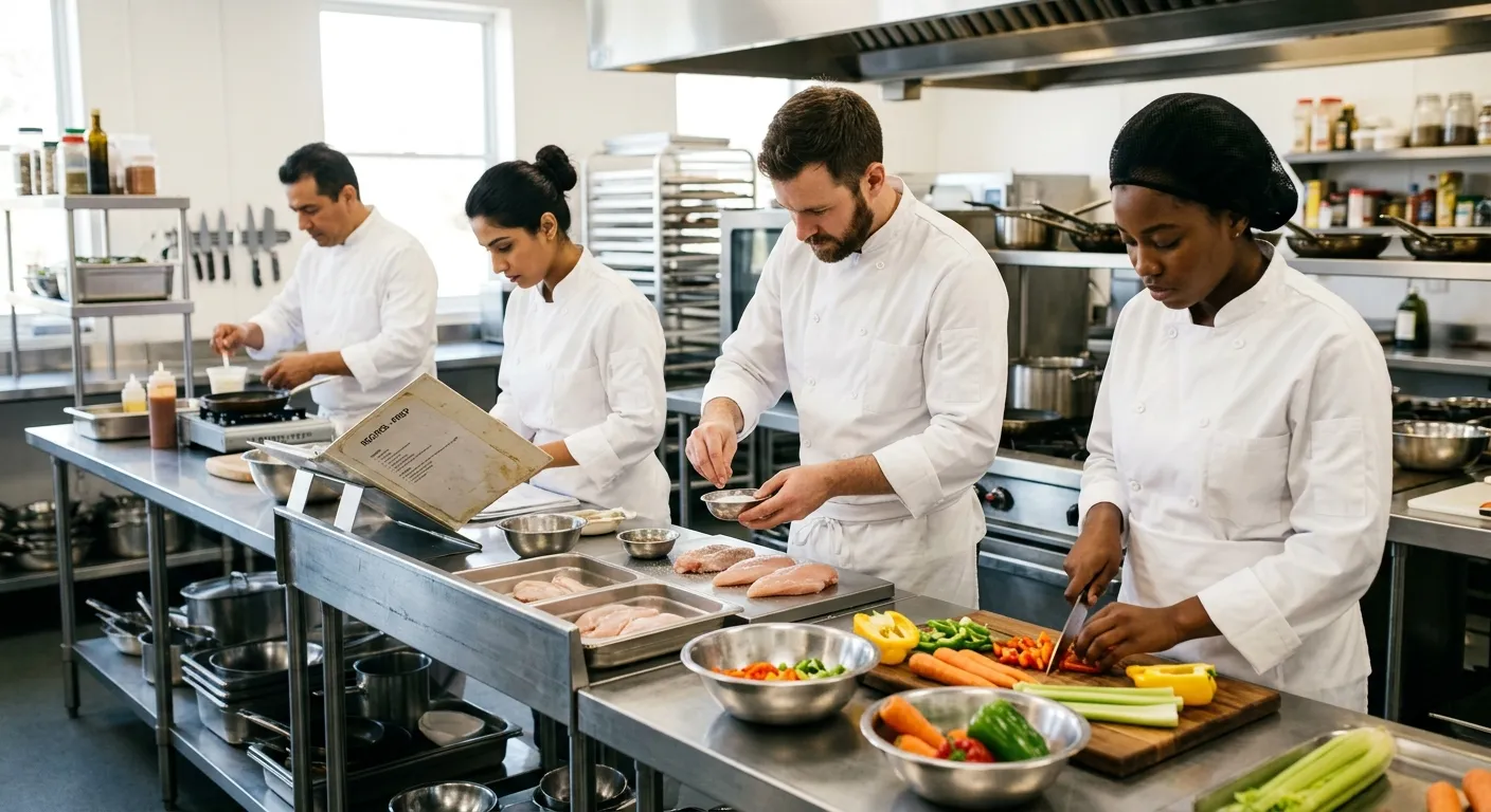 A dynamic, professional kitchen during a calm prep period. A diverse team of cooks in clean chef whites is focused on their tasks—one is precisely chopping vegetables, another is seasoning proteins, a third is checking a recipe. The mood is professional, skilled, and collaborative. Lighting is bright and clean.