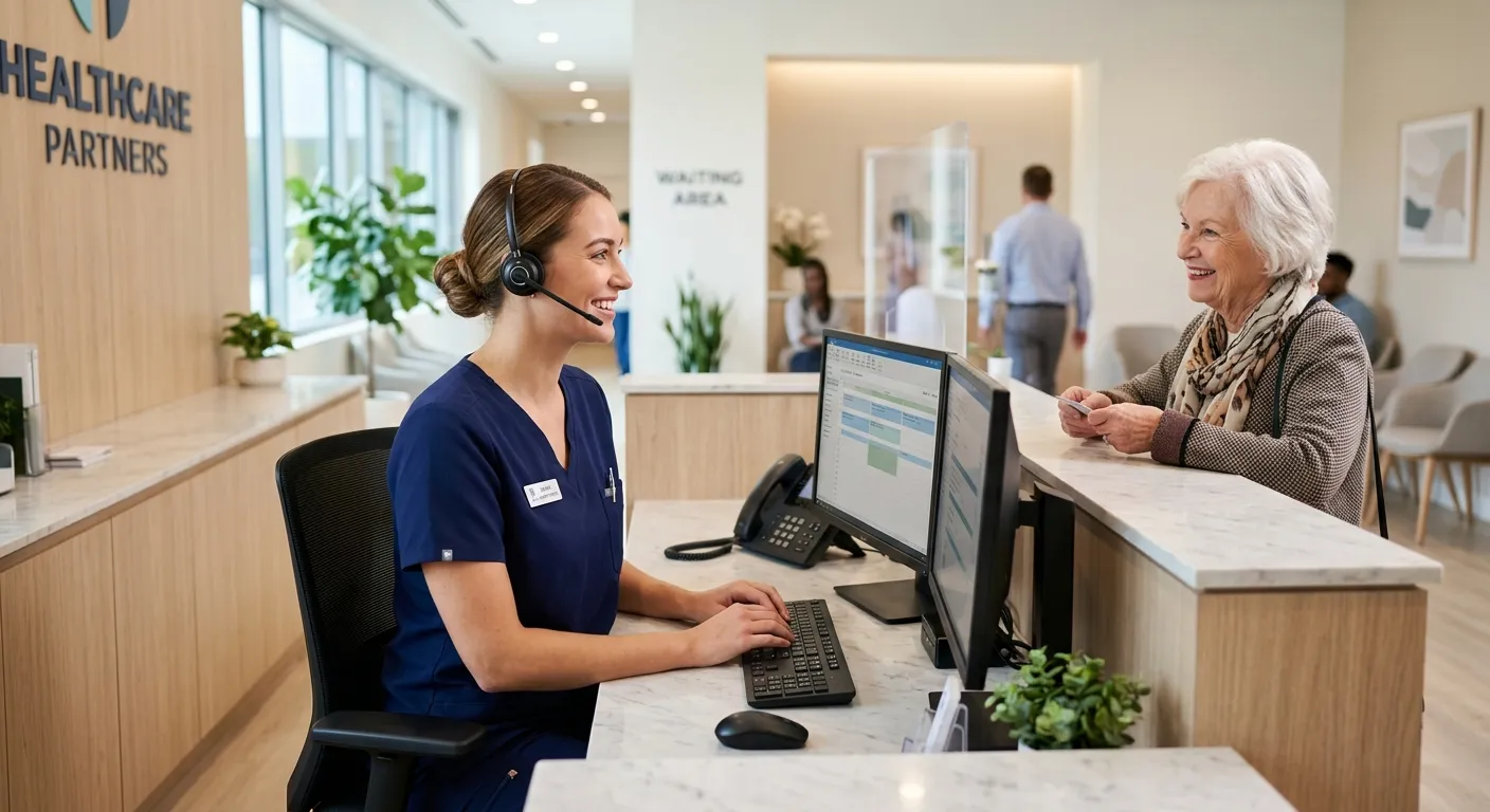 A professional, well-lit photo of a friendly Medical Front Desk Receptionist in a modern clinic sett... A professional, well-lit photo of a friendly Medical Front Desk Receptionist in a modern clinic setting, wearing a headset and smiling while assisting a patient. The mood is welcoming, efficient, and high-trust.