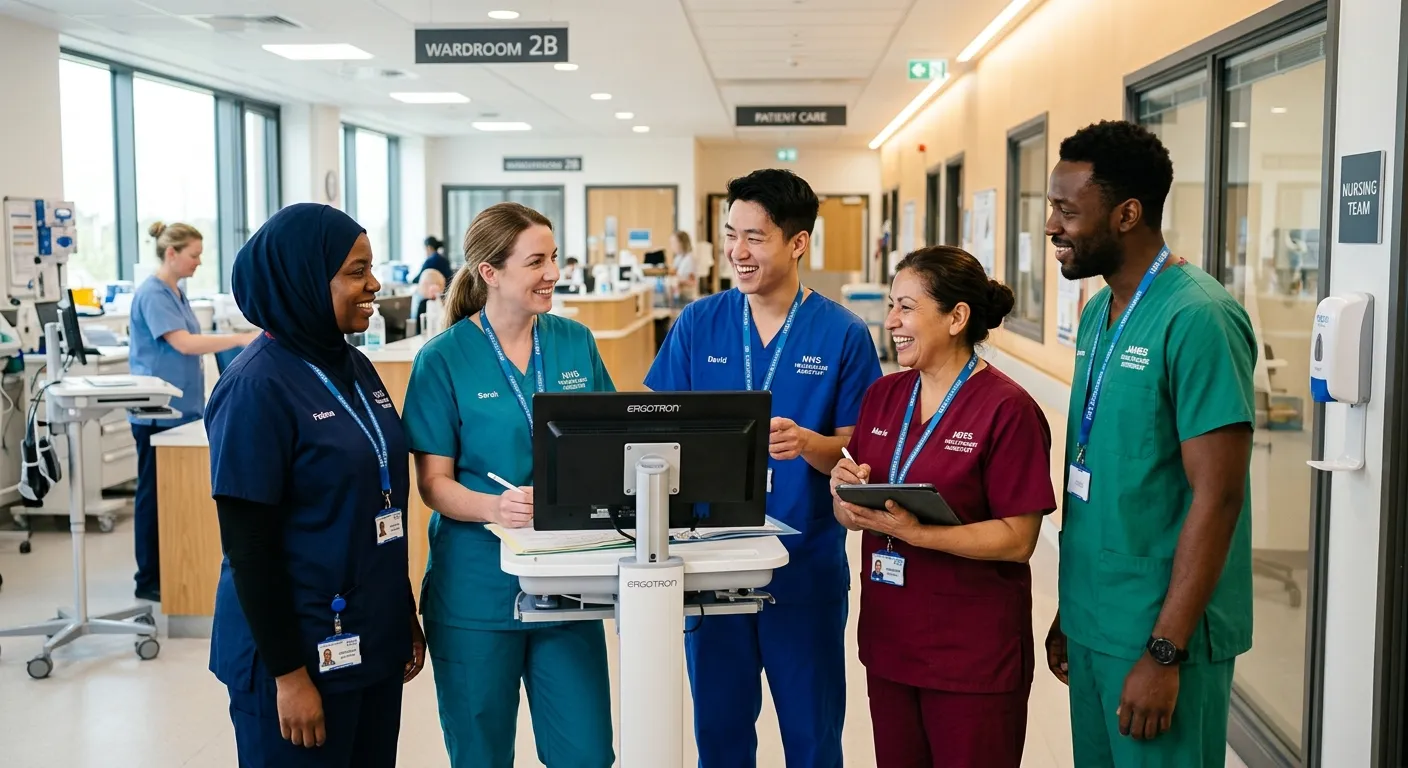 A diverse group of professional Healthcare Assistants in scrubs, smiling and collaborating in a modern, bright hospital or care home setting, conveying trust and competence.