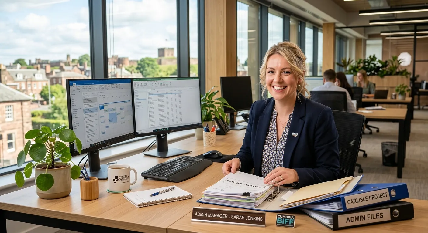 A modern, welcoming office environment in Carlisle, Cumbria. A professional Office Administrator is smiling while organising documents at a clean, organised desk with dual monitors, a plant, and a cup of tea. The style is bright, professional, and aspirational.