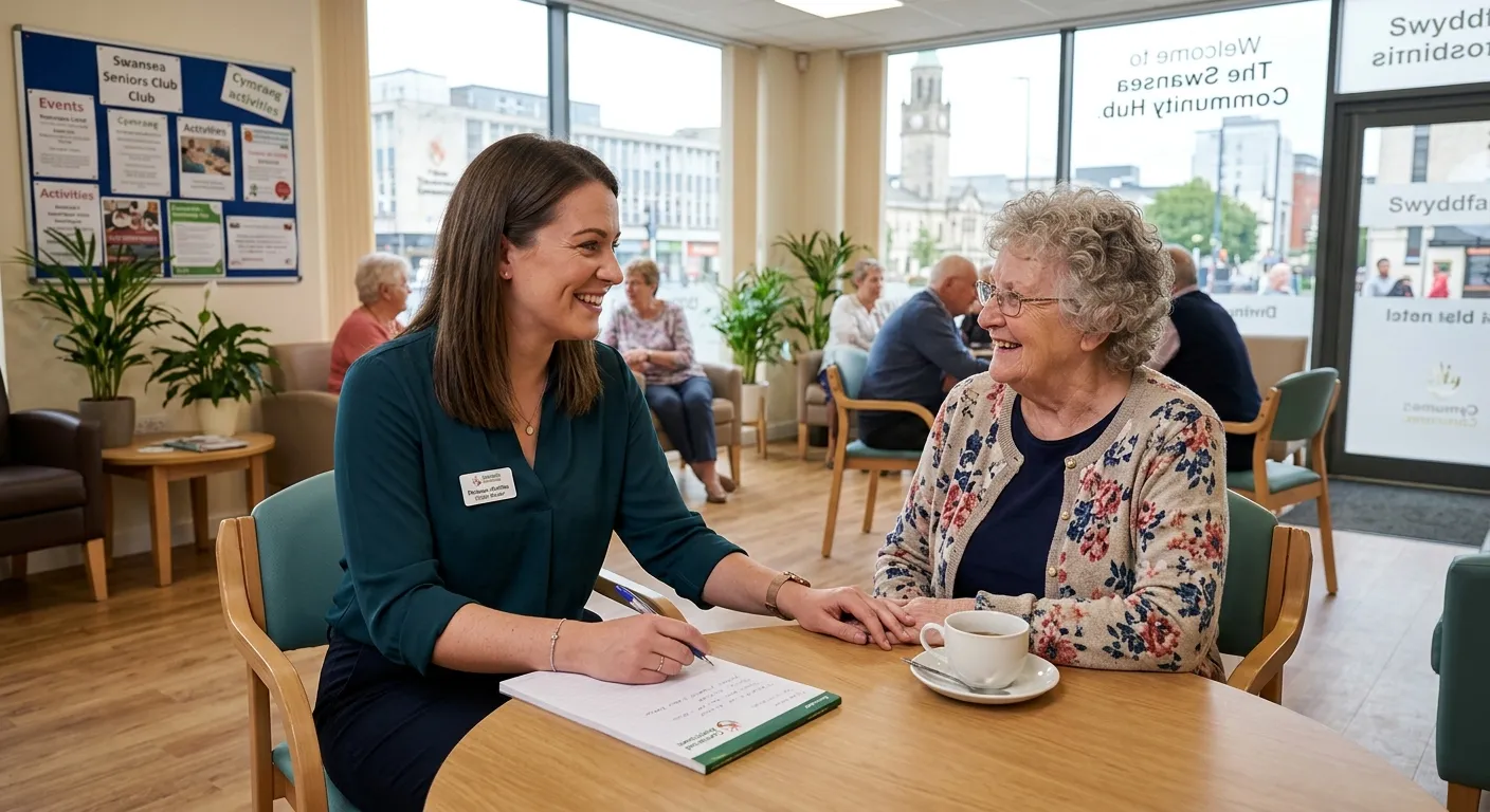 A professional, confident Social Worker smiling while talking with an elderly client in a comfortabl... A professional, confident Social Worker smiling while talking with an elderly client in a comfortable, well-lit community centre in Swansea, conveying trust and compassion.