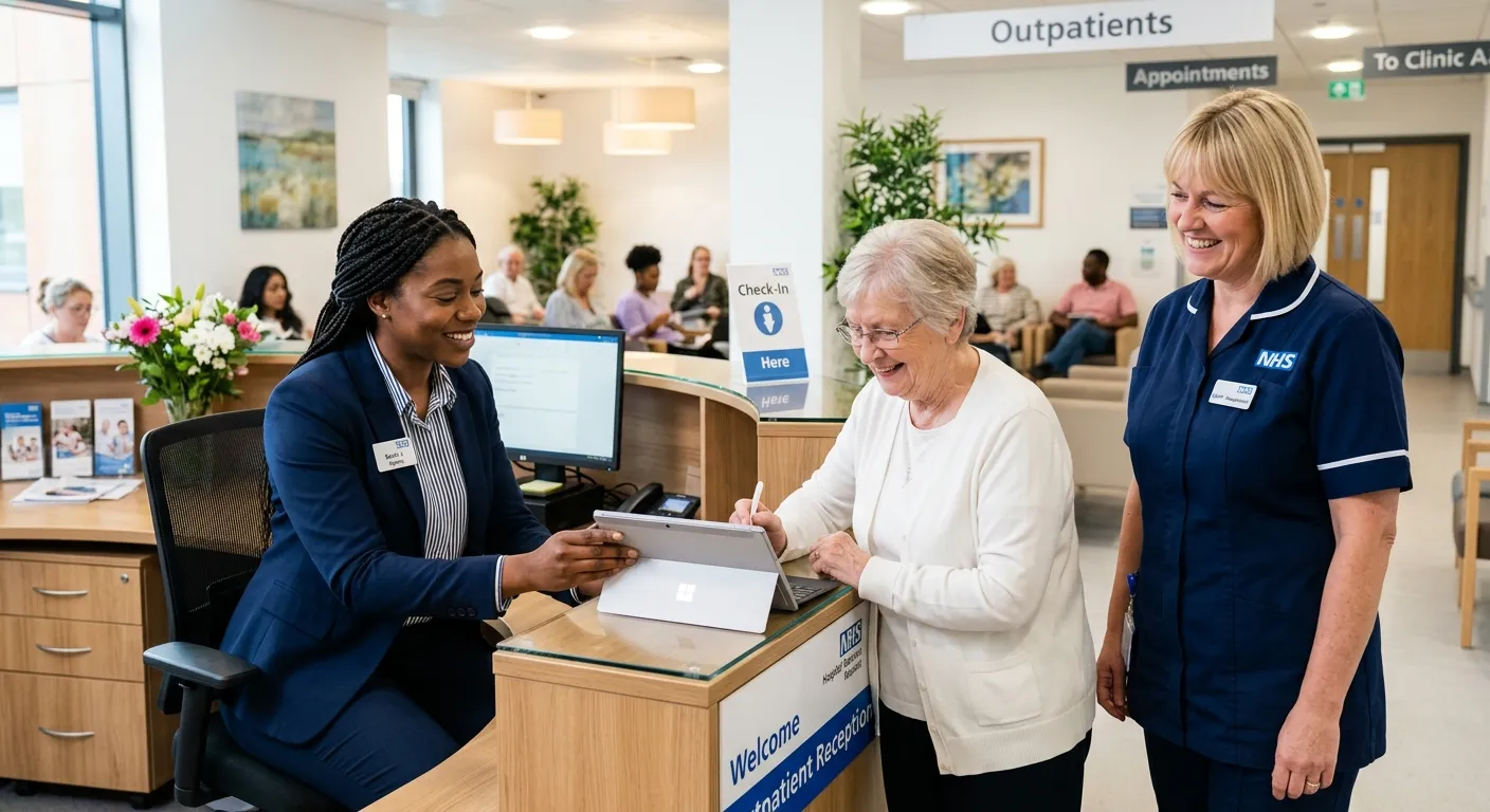 A professional, encouraging scene in a modern hospital outpatient reception area. A well-dressed agency temporary receptionist is confidently helping a patient with check-in on a tablet, while a permanent staff member smiles nearby. The image should convey relief, competence, and seamless integration.