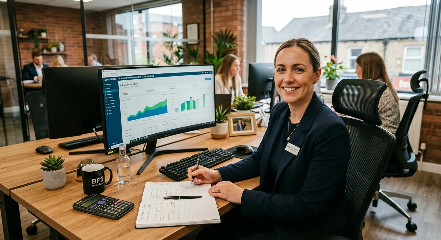 Professional, friendly office environment in Blackburn, focusing on a modern workstation with a computer screen showing financial software, a notebook, and a calculator. Warm, professional, and welcoming mood.