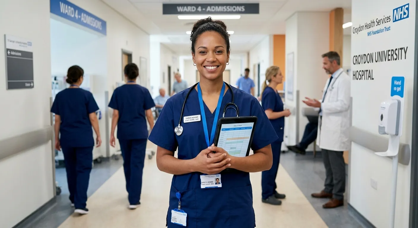 A professional, confident-looking nurse in scrubs smiling at the camera, holding a tablet. The background is a modern, clean hospital or clinic corridor in Croydon, conveying a sense of trust and competence.