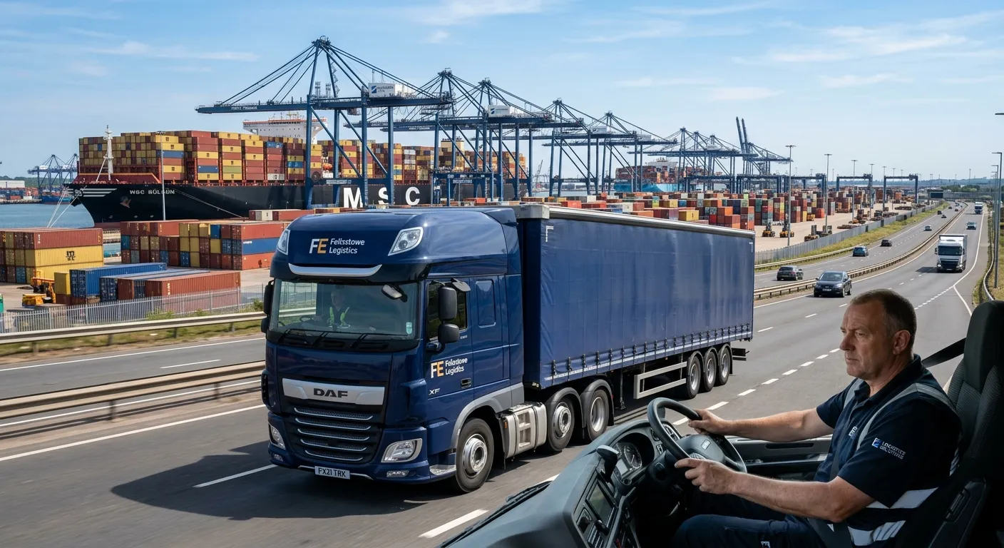 A professional HGV Driver Class 1 (Articulated Lorry) driving past the Port of Felixstowe on a clear day, showcasing the scale of the port operations. The image should be high-resolution, modern, and convey a sense of skilled, reliable logistics work.