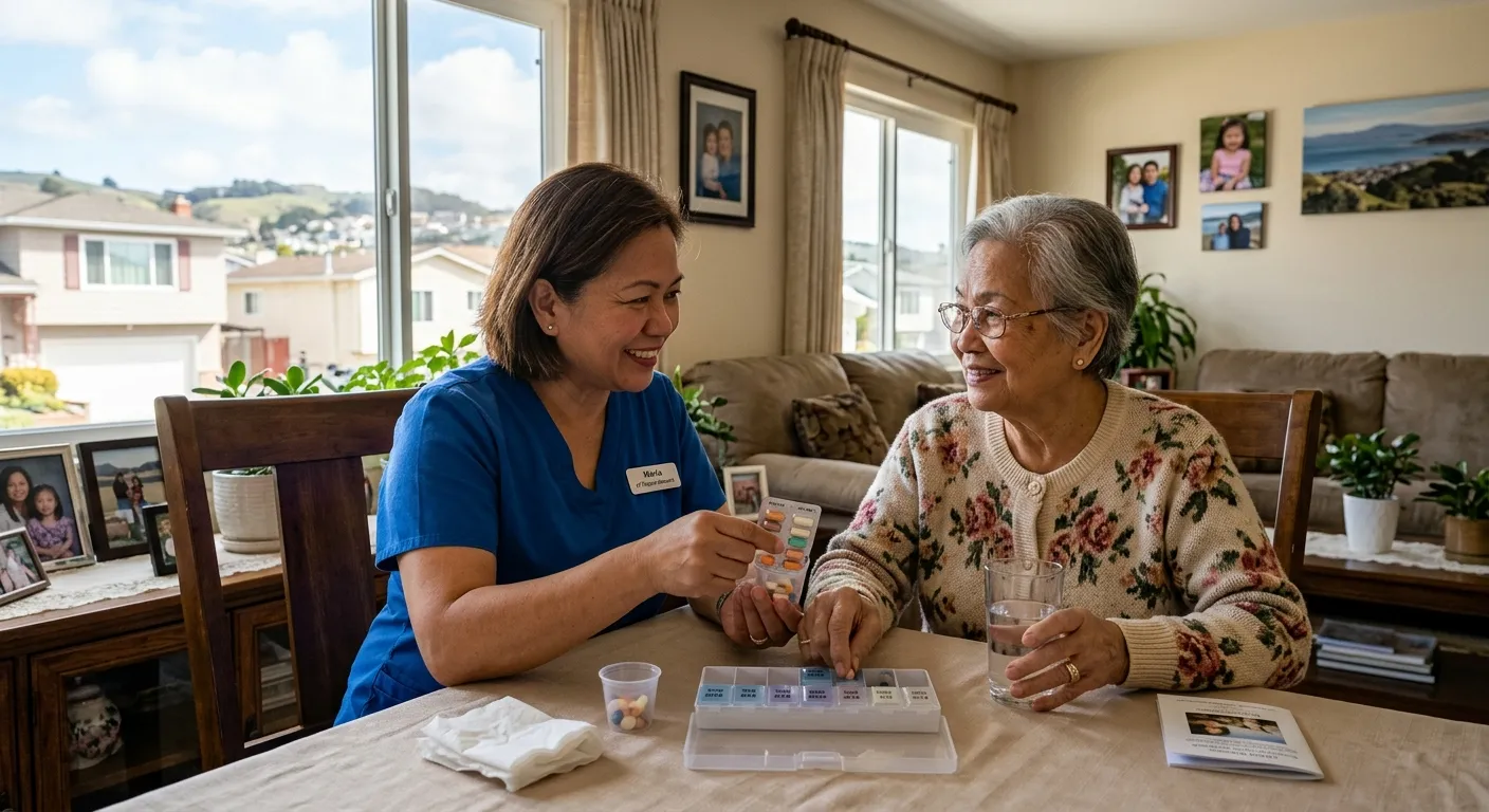 A warm, professional photo of a compassionate caregiver assisting an elderly senior in a sunlit living room in Daly City. The caregiver is helping with medication. Style is authentic, high-quality, and evokes trust and compassion.