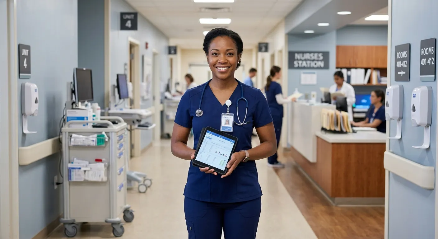 A professional but friendly-looking female nurse in modern scrubs smiling confidently, standing in a... A professional but friendly-looking female nurse in modern scrubs smiling confidently, standing in a well-equipped but calm hospital corridor, holding a tablet.