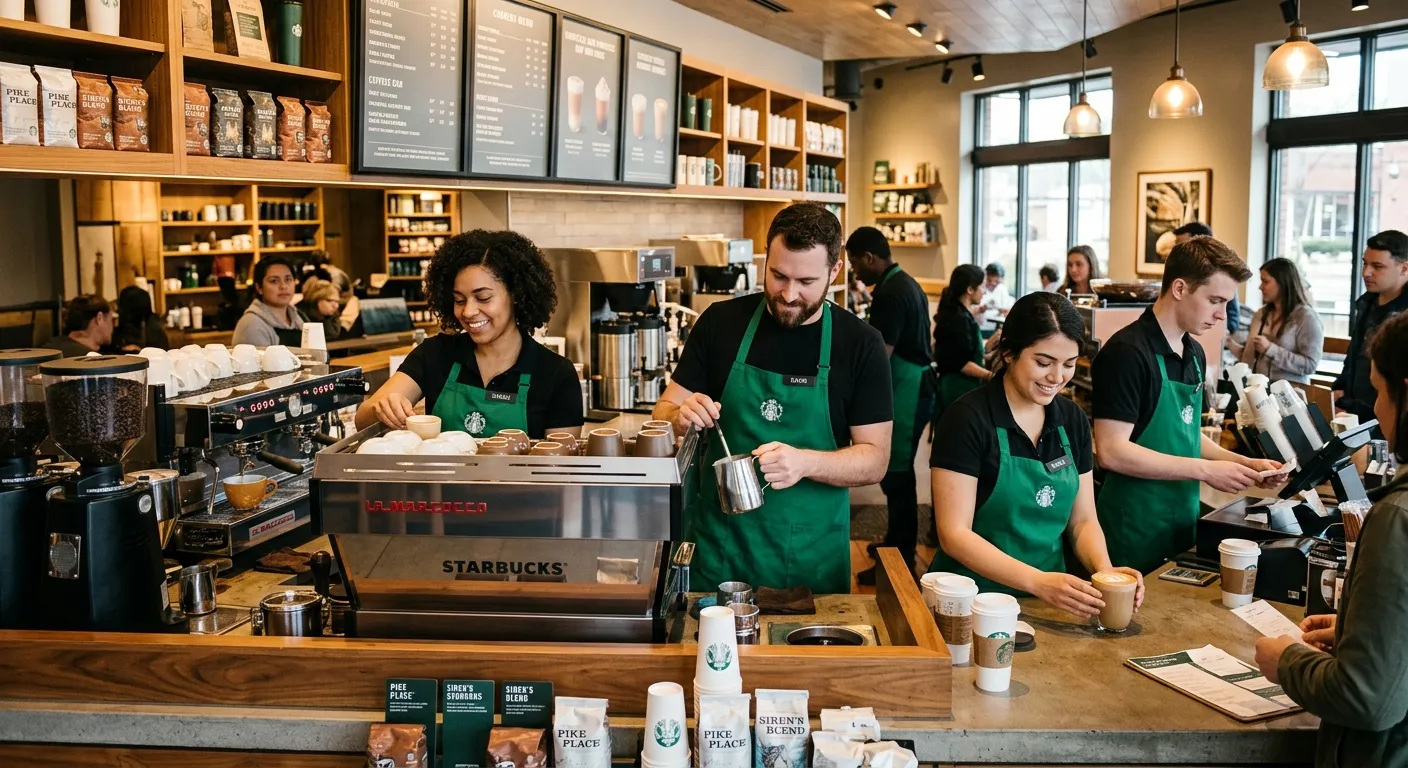 A professional, high-resolution image of a modern Starbucks store interior, baristas in green aprons... A professional, high-resolution image of a modern Starbucks store interior, baristas in green aprons working behind a sleek espresso machine, with a warm, inviting atmosphere. Focus on the professional team environment.