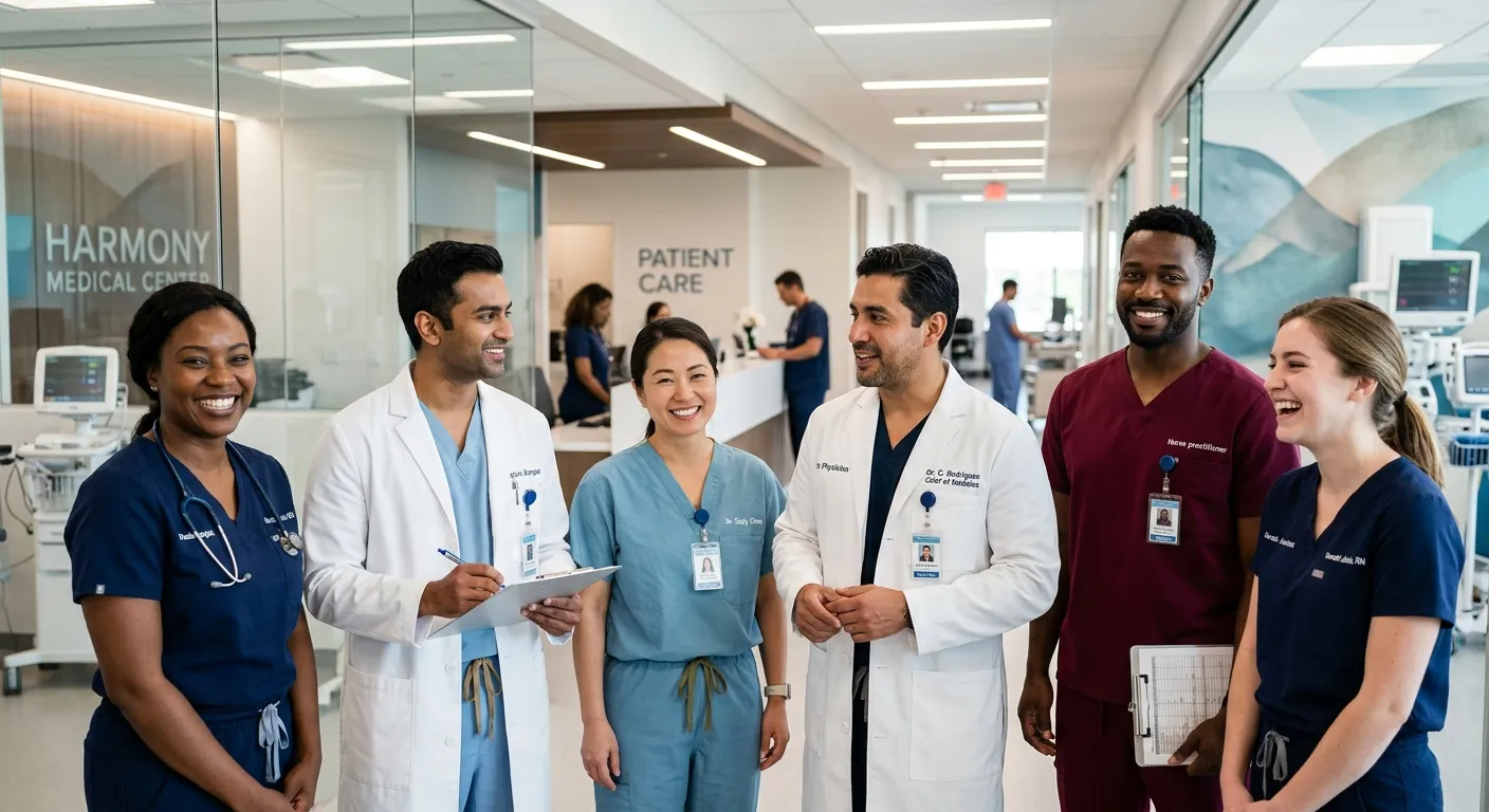 A professional, high-contrast image of a diverse team of healthcare professionals in scrubs and lab coats, smiling confidently in a modern medical facility. Focus on a collaborative, trustworthy, and competent mood. Style: modern corporate healthcare photography.