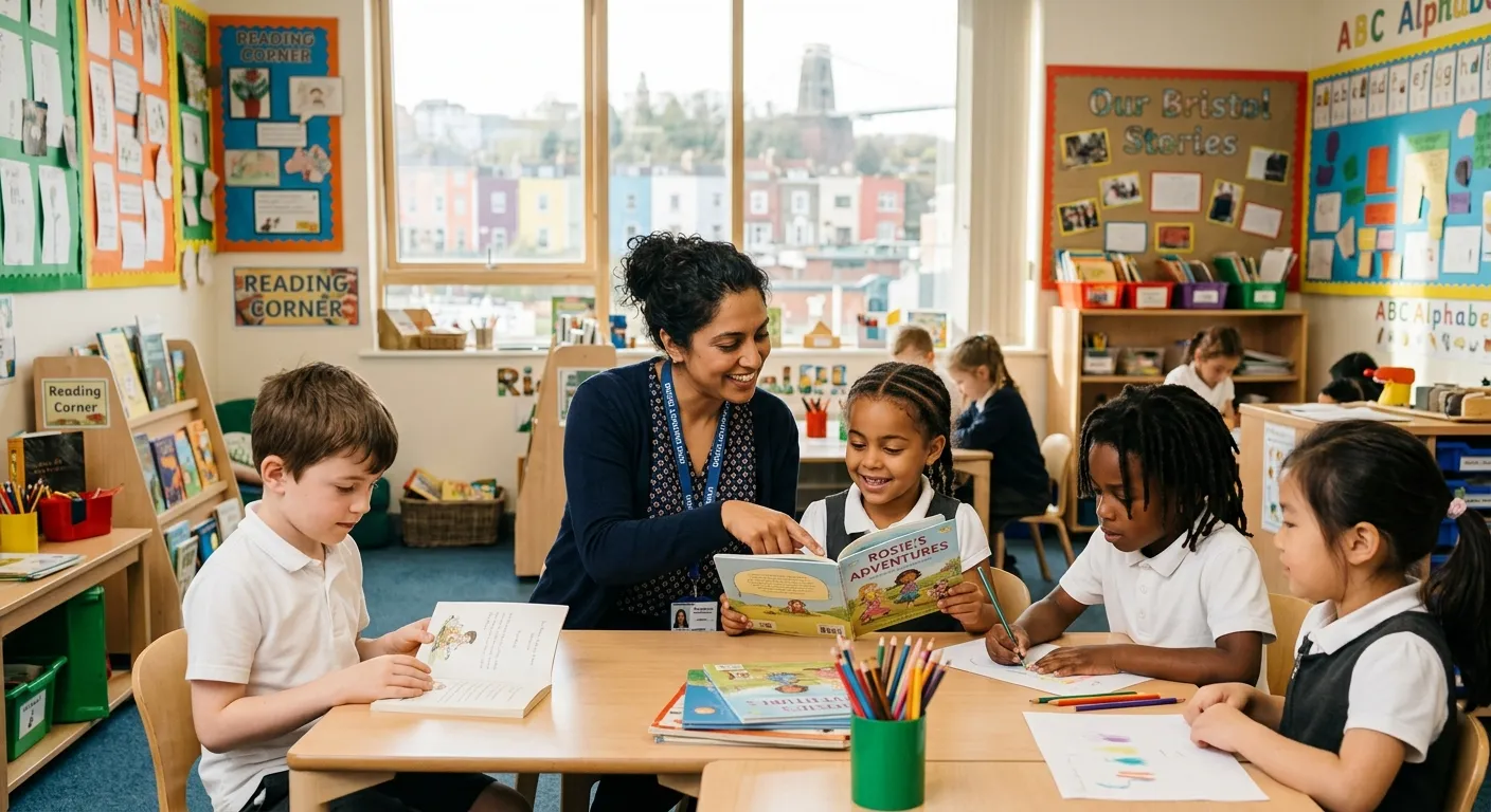 A professional, warm photo of a Learning Support Assistant working with a diverse small group of primary school children in a bright, modern classroom in Bristol. The assistant is smiling and helping a child with a reading book. The mood is supportive, educational, and positive.